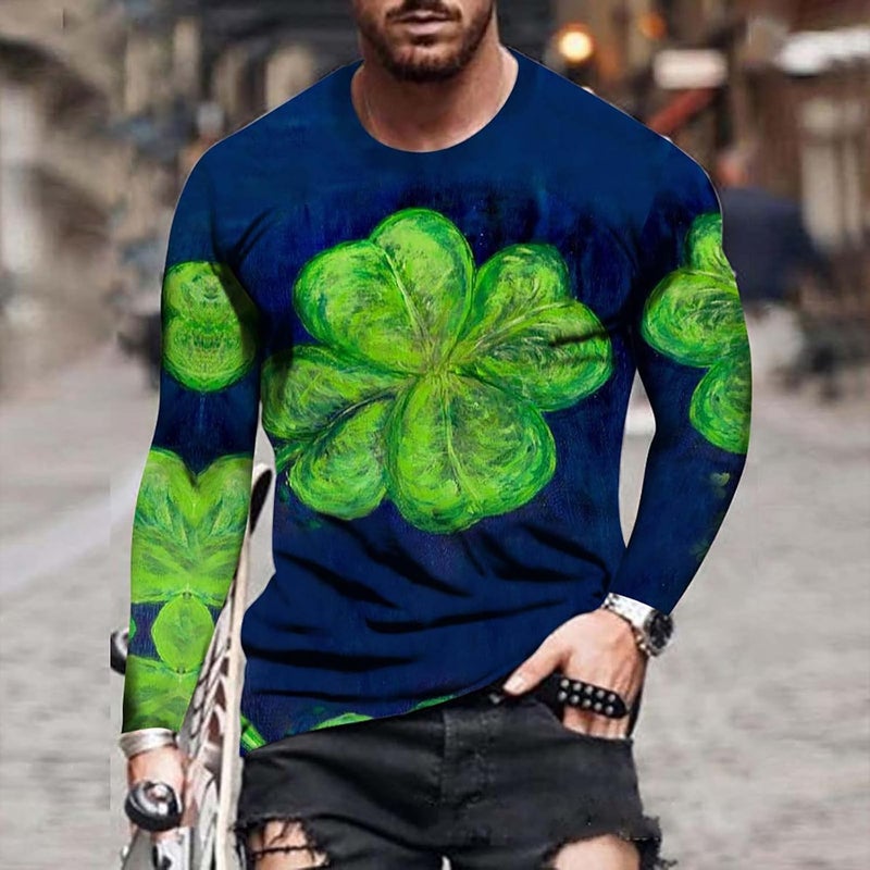 cheekyglo Men St Patricks Day Long Sleeve T-Shirt Shamrock Printing Slim-Fit Crew Neck Tops Pullover Tie Dye Tee Sweatshirt Blouse - Image 4