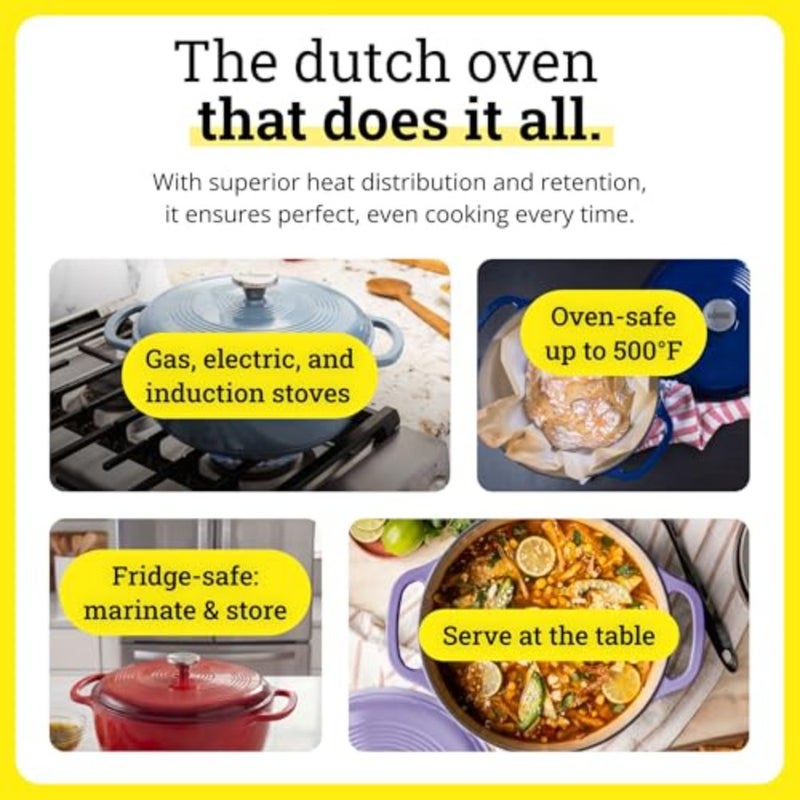 6 Quart Enameled Cast Iron Dutch Oven for cooking, baking, marinating, refrigerating and serving avocado green, oven safe to 500 F, stovetop compatible, dual handles - Image 4