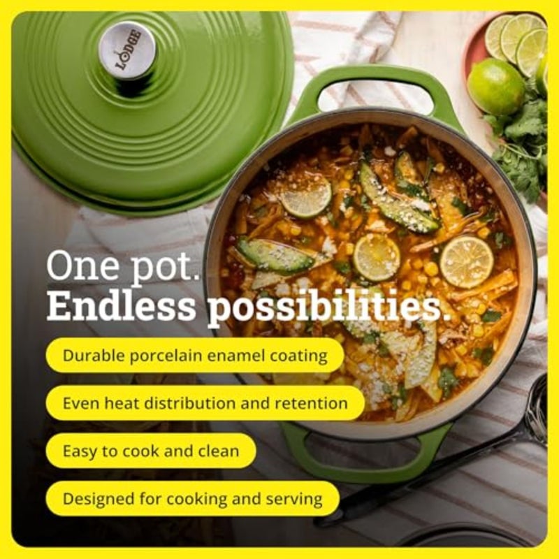 6 Quart Enameled Cast Iron Dutch Oven for cooking, baking, marinating, refrigerating and serving avocado green, oven safe to 500 F, stovetop compatible, dual handles - Image 2