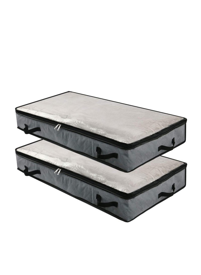 GUDOO 2pcs Soft Foldable Under Bed Storage Bags for Blankets Clothes Comforters Storage Organizer in Bedroom, Closet with Transparent Cover, 4 Handles, 100 * 50 * 15cm, Grey (Style 1)  - Image 1