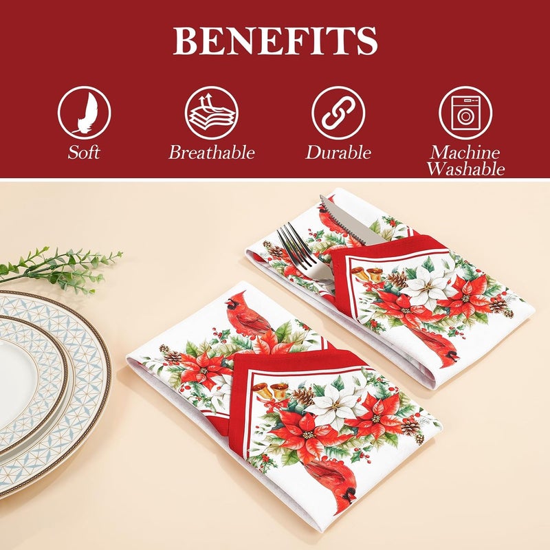 Arquiel Christmas Cardinal Napkins 1818 Inch Floral Dinner Cloth Napkins Set of 6 Washable Cotton Soft Absorbent Square Napkins for Dining Kitchen Party Wedding Decoration - Image 3