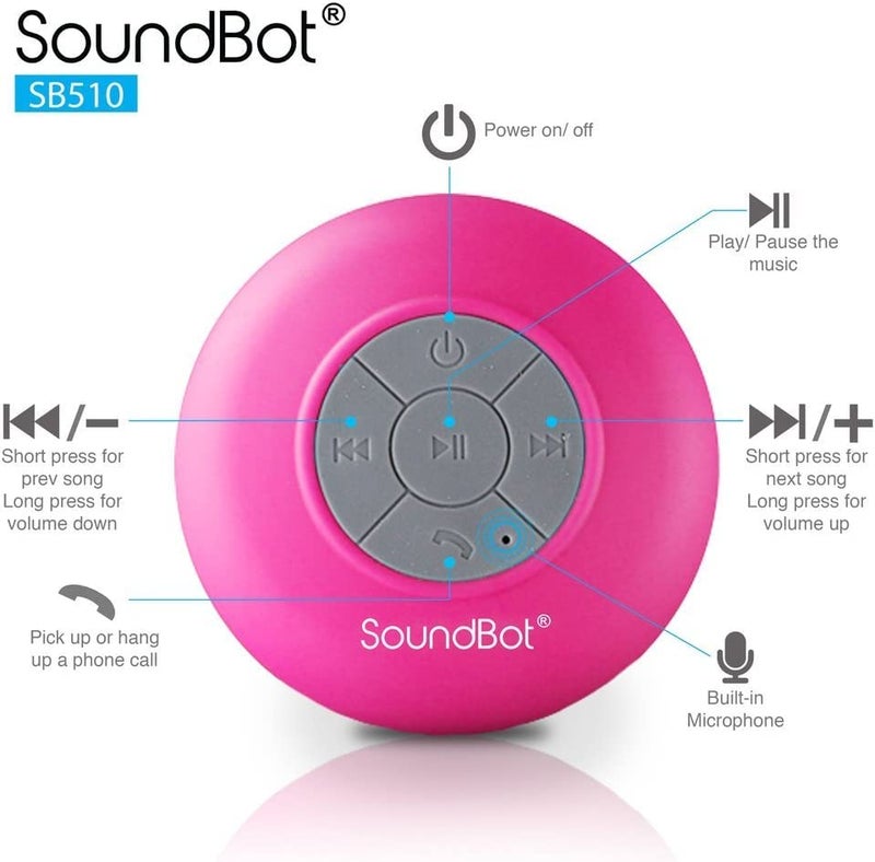 Soundbot SB510 HD Water Resistant Bluetooth Shower Speaker, Handsfree Portable Speakerphone with Built-in Mic, 6hrs of Playtime, Control Buttons and Dedicated Suction Cup for Showers (Pink) - Image 4