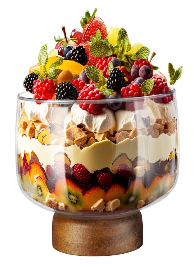 NiHome 123oz Large Glass Trifle Bowl with Elegant Acacia Wood Stand, Versatile Serving Dish for Cakes, Salads, Desserts, Stylish Display for Parties, Weddings, Special Occasions, Durable Easy to Clean - Image 1