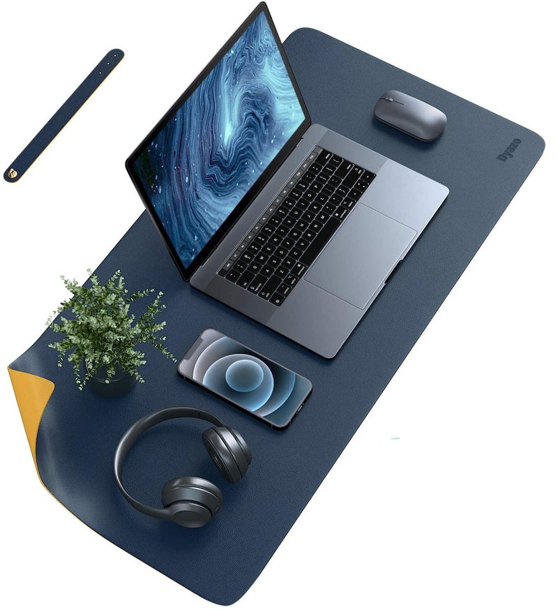 Dyazo Vegan PU Leather Mouse Pad, Extended Desk Mat for Work from Home/Office/Gaming, Reversible Anti-Slip, Design Water Resistant Desk Spread (35 Inch * 17.7 Inch Navy Blue and Yellow Ochre) - Image 3