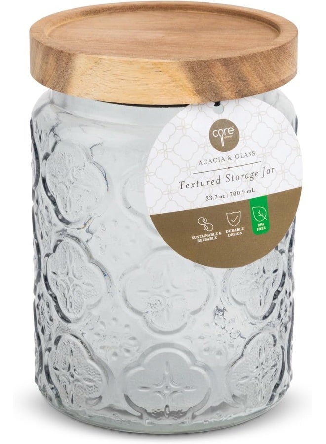 Core Home & Kitchen Textured Trellis True Earth Storage Jar with Acacia Wooden Lid 23.7 ounce Glass Cannister For Herbs, Spices, Q-Tips, Cotton Balls Kitchen Or Bathroom Essentials