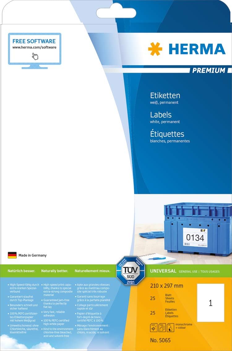 Herma Self Adhesive Multipurpose Labels, 1 Label per A4 Sheet, 25 Sheets, 210 x 297 mm, 25 Labels, Blank Universal Labels Stickers, Sticky Labels for Laser & Inkjet Printer, White - Image 3