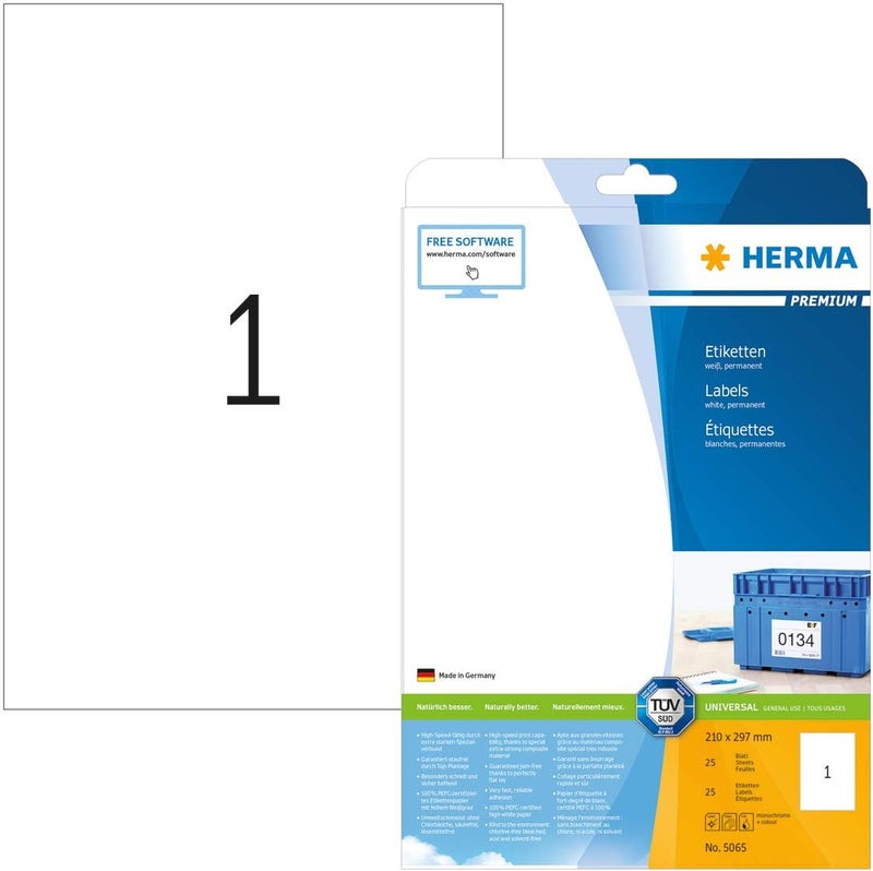 Herma Self Adhesive Multipurpose Labels, 1 Label per A4 Sheet, 25 Sheets, 210 x 297 mm, 25 Labels, Blank Universal Labels Stickers, Sticky Labels for Laser & Inkjet Printer, White - Image 1