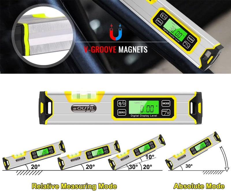OUTIL Digital Level and Protractor, 12 Inch IP54 Protected Electronic Bubble Inclinometer Angle Finder with Large LED Backlight and Magnetized V-Groove Base(Yellow - Image 4