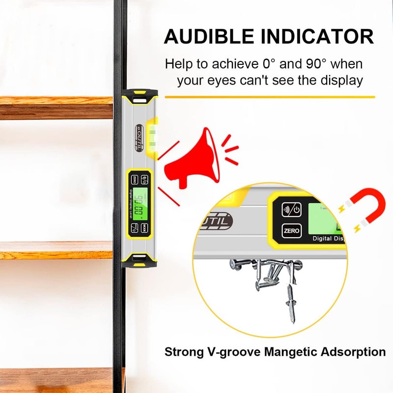 OUTIL Digital Level and Protractor, 12 Inch IP54 Protected Electronic Bubble Inclinometer Angle Finder with Large LED Backlight and Magnetized V-Groove Base(Yellow - Image 2