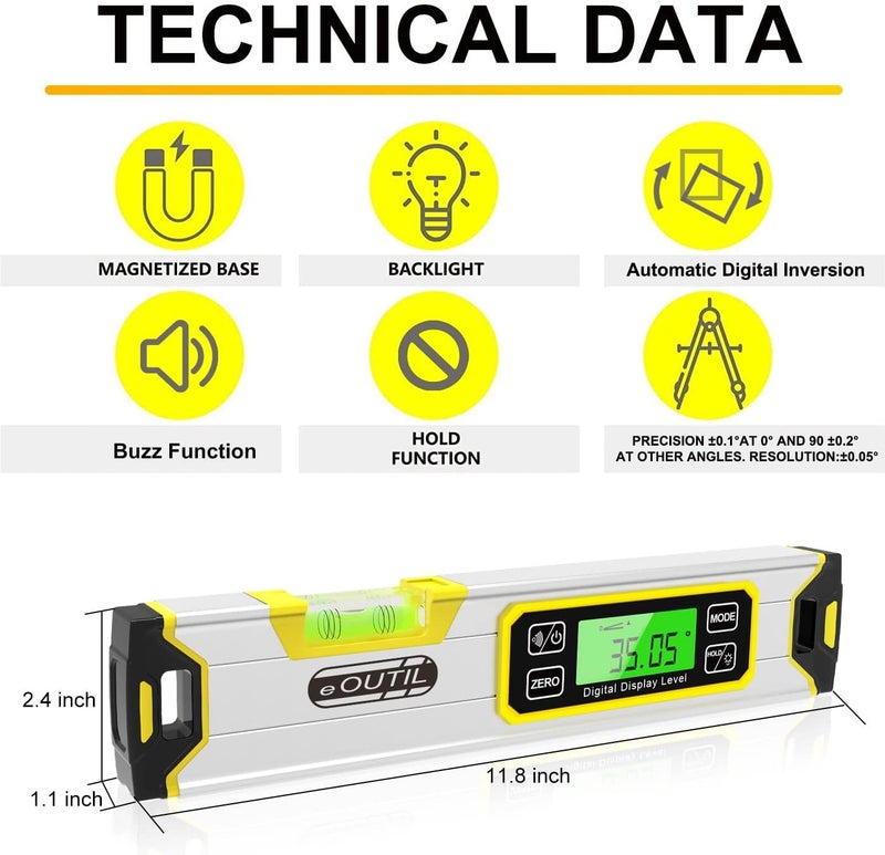 OUTIL Digital Level and Protractor, 12 Inch IP54 Protected Electronic Bubble Inclinometer Angle Finder with Large LED Backlight and Magnetized V-Groove Base(Yellow - Image 5