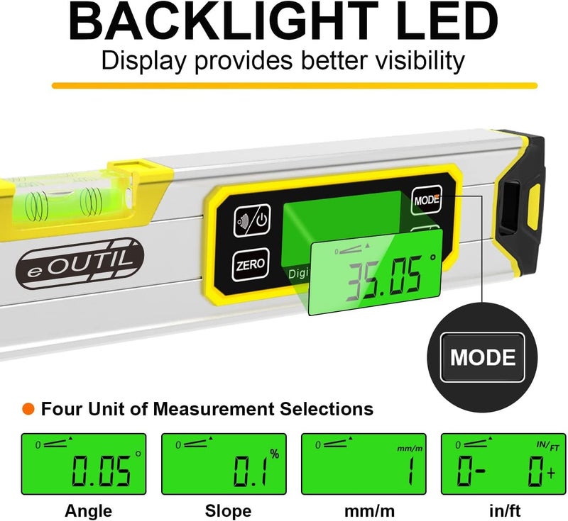 OUTIL Digital Level and Protractor, 12 Inch IP54 Protected Electronic Bubble Inclinometer Angle Finder with Large LED Backlight and Magnetized V-Groove Base(Yellow - Image 3