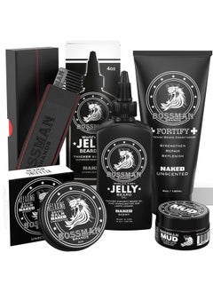 bossman Complete Beard Kit Made In Usa Beard Oil Conditioner Beard Balm Comb Mustache Wax Stop Beard Itch Grow Thicker (Naked)  - Image 1