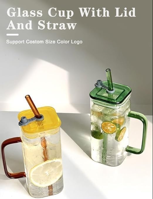 SHREE HANS CREATION Square Mason Jar Design Drinking Glass Cups with Lids and Straws with Colored Handles Drinking Glasses Wide Mouth Glass Tumbler for Home Office Transparent Pcs2400ml - Image 4