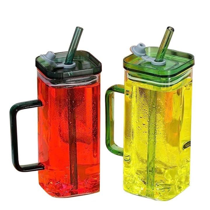 SHREE HANS CREATION Square Mason Jar Design Drinking Glass Cups with Lids and Straws with Colored Handles Drinking Glasses Wide Mouth Glass Tumbler for Home Office Transparent Pcs2400ml - Image 2