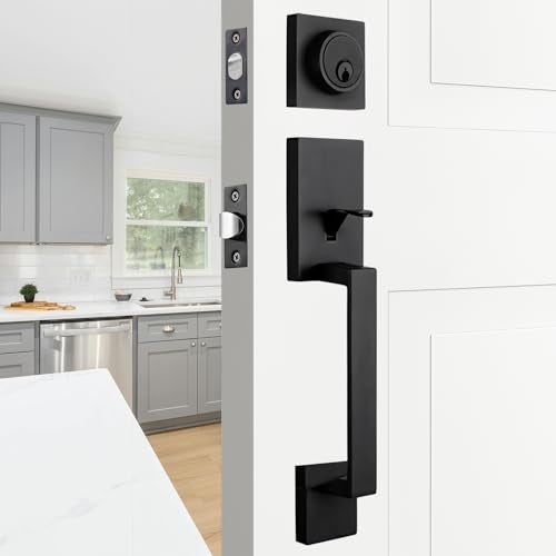 HISAFE Iron Black Front Door Lock Set for Entry Door/Backdoor, Exterior Door Lock Set with Deadbolt&Lever, Lower Half Grip, Left&Right Handed - Image 1