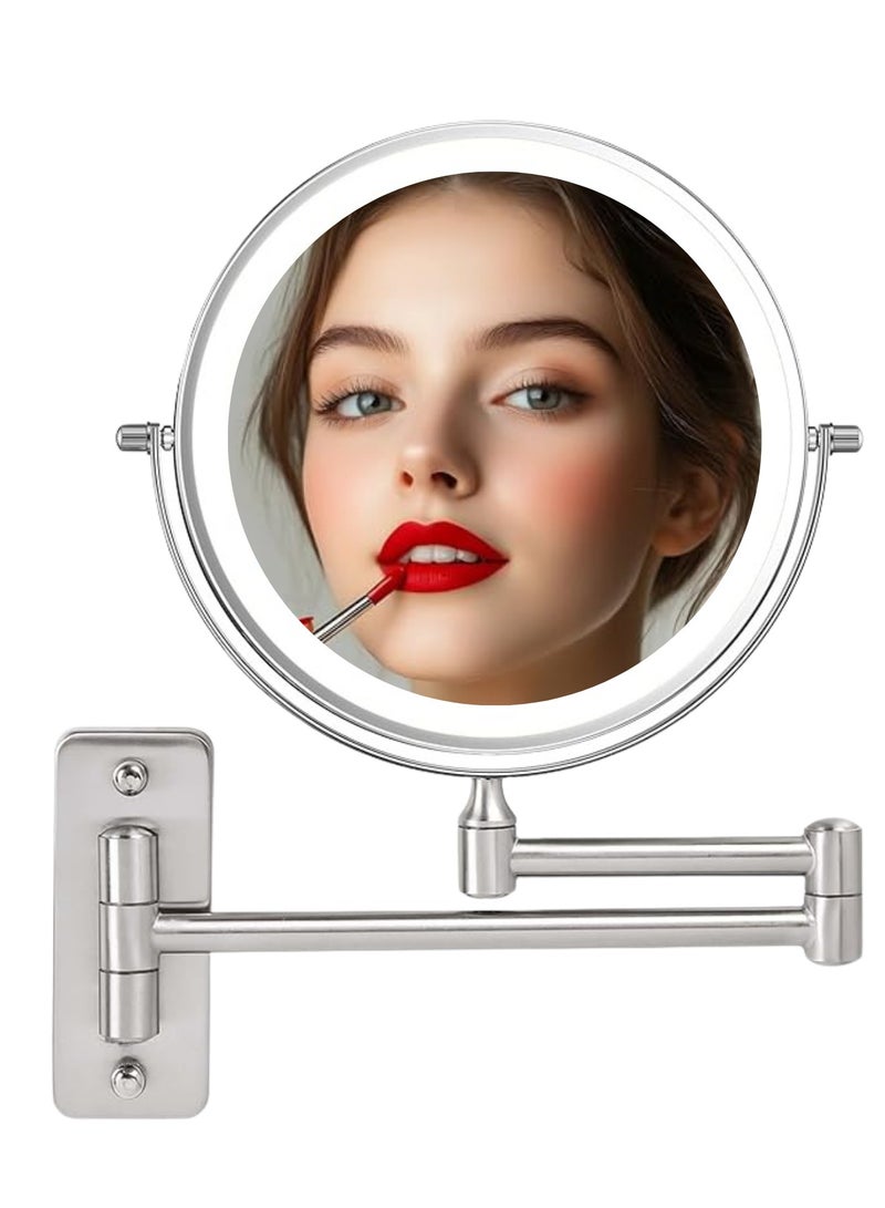 GoldenLike  مرآة مكياج مضاءة مثبتة على الحائط، مرآة غرور 8 بوصة مرآة مكبرة 1x/10x مع ضوء وشاشة تعمل باللمس تعتيم قابلة لإعادة الشحن 360 درجة دوران مرآة الحمام مزدوجة الوجهين مرآة مستحضرات التجميل ذراع ممتدة لهدايا حمام المكياج - Image 1