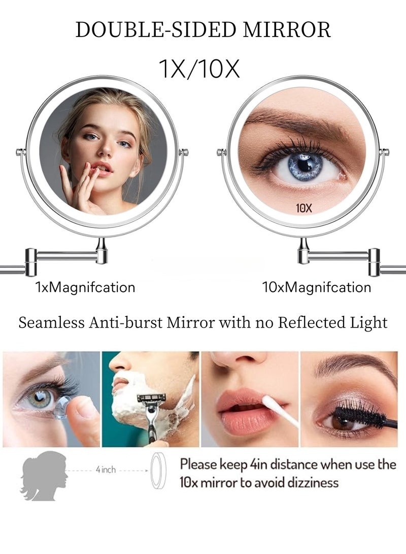 GoldenLike  مرآة مكياج مضاءة مثبتة على الحائط، مرآة غرور 8 بوصة مرآة مكبرة 1x/10x مع ضوء وشاشة تعمل باللمس تعتيم قابلة لإعادة الشحن 360 درجة دوران مرآة الحمام مزدوجة الوجهين مرآة مستحضرات التجميل ذراع ممتدة لهدايا حمام المكياج - Image 2