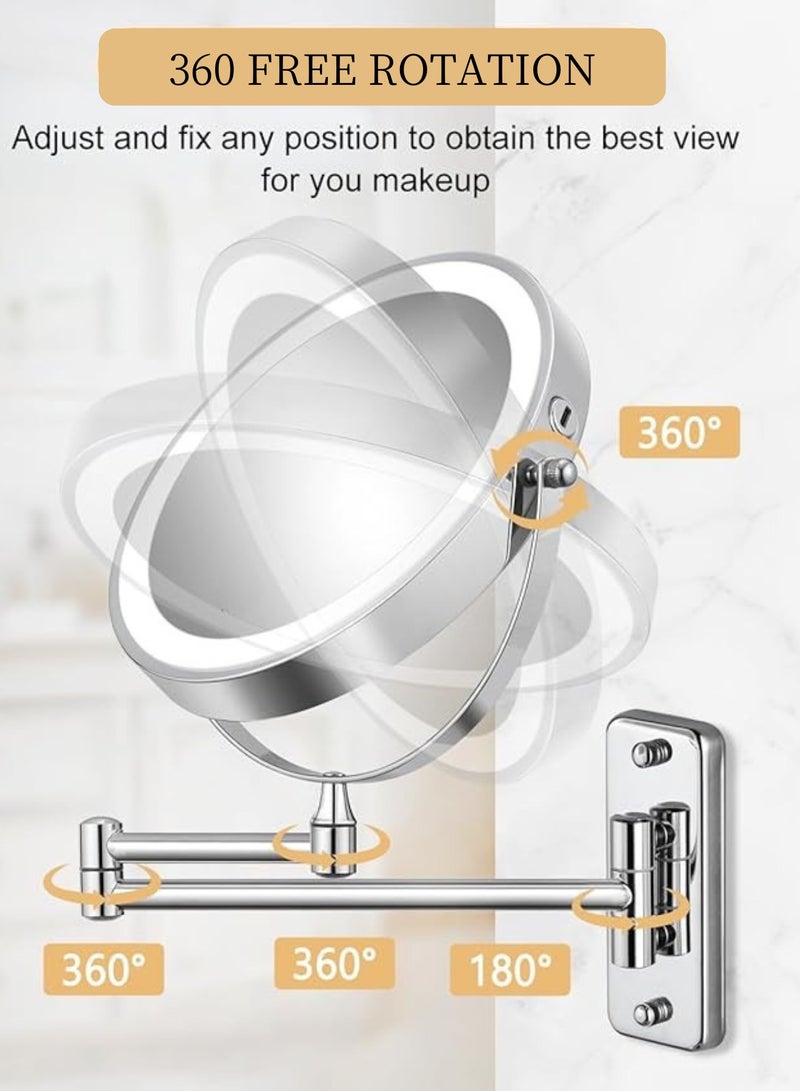 GoldenLike  مرآة مكياج مضاءة مثبتة على الحائط، مرآة غرور 8 بوصة مرآة مكبرة 1x/10x مع ضوء وشاشة تعمل باللمس تعتيم قابلة لإعادة الشحن 360 درجة دوران مرآة الحمام مزدوجة الوجهين مرآة مستحضرات التجميل ذراع ممتدة لهدايا حمام المكياج - Image 3