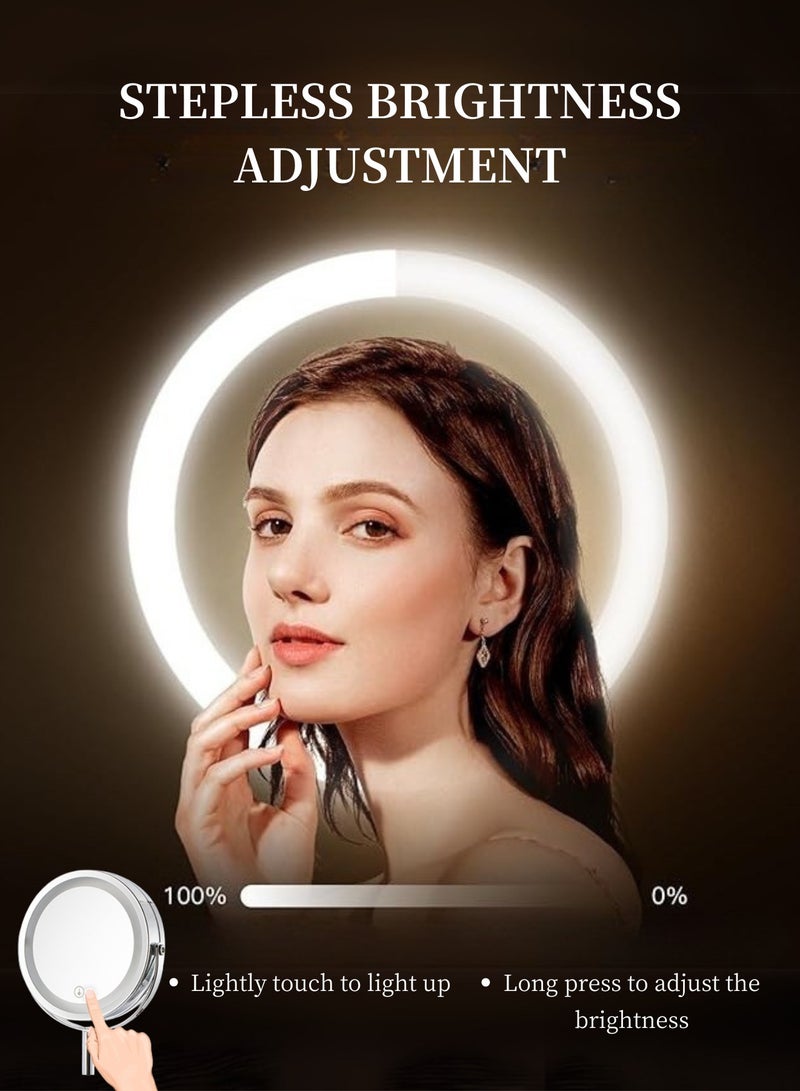 GoldenLike  مرآة مكياج مضاءة مثبتة على الحائط، مرآة غرور 8 بوصة مرآة مكبرة 1x/10x مع ضوء وشاشة تعمل باللمس تعتيم قابلة لإعادة الشحن 360 درجة دوران مرآة الحمام مزدوجة الوجهين مرآة مستحضرات التجميل ذراع ممتدة لهدايا حمام المكياج - Image 4