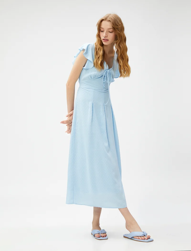 كوتون Maxi V Neck Chiffon Ruffle Detail Dress
