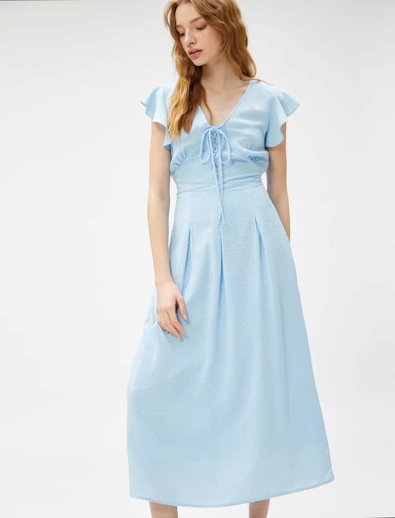 كوتون Maxi V Neck Chiffon Ruffle Detail Dress
