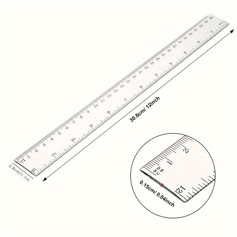 مسطرة بلاستيكية شفافة 12 بوصة، أداة قياس مستقيمة بالسنتيمتر والبوصة، قطعة واحدة - Image 4