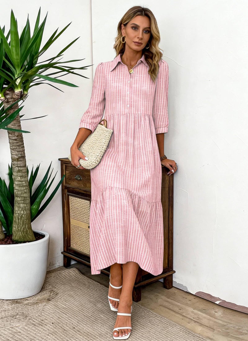 XNC Women's Striped Maxi Dresses 2026 Summer Fashion Collared Boho Dress Print 3/4 Sleeve Work Dress with Pockets Pink - Image 4