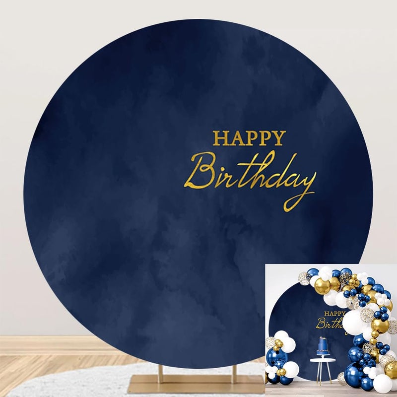 DORCEV 65x65ft Polyester Navy Blue Happy Birthday Round Backdrop Cover Navy Blue Marble Texture Birthday Background for Photography Kids Adults Boy Man Bday Banquet Party Portrait Decor Props - Image 2
