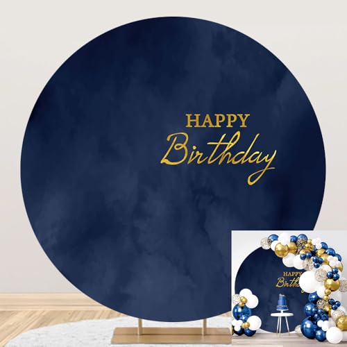 DORCEV 65x65ft Polyester Navy Blue Happy Birthday Round Backdrop Cover Navy Blue Marble Texture Birthday Background for Photography Kids Adults Boy Man Bday Banquet Party Portrait Decor Props - Image 1