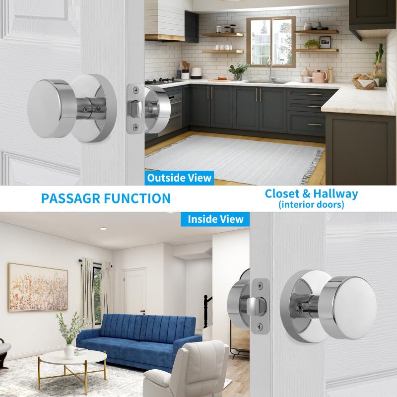 Naubea Passage Door Knobs Interior  Polished Chrome Door Knob For Closet  Modern Round Passage Door Handles For Hallway - Image 2