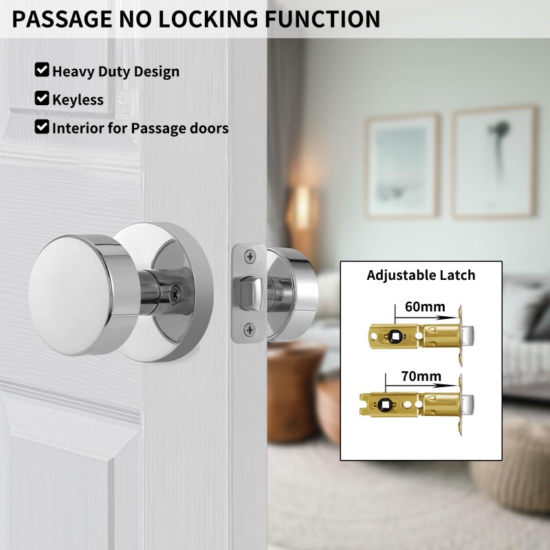 Naubea Passage Door Knobs Interior  Polished Chrome Door Knob For Closet  Modern Round Passage Door Handles For Hallway - Image 3