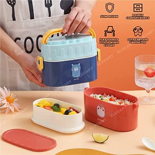 Elecart Plastic Double Decker Lunch Box with Cute Handle Tiffin for Kids 2 Compartment Snacks Box School Lunch Box for Toddlers, Preschool Picnics Birthday (Random Color), 950 Ml, Multicolor - Image 2