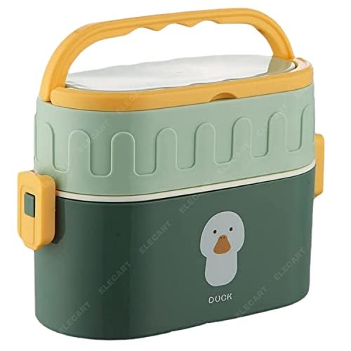 Elecart Plastic Double Decker Lunch Box with Cute Handle Tiffin for Kids 2 Compartment Snacks Box School Lunch Box for Toddlers, Preschool Picnics Birthday (Random Color), 950 Ml, Multicolor - Image 1