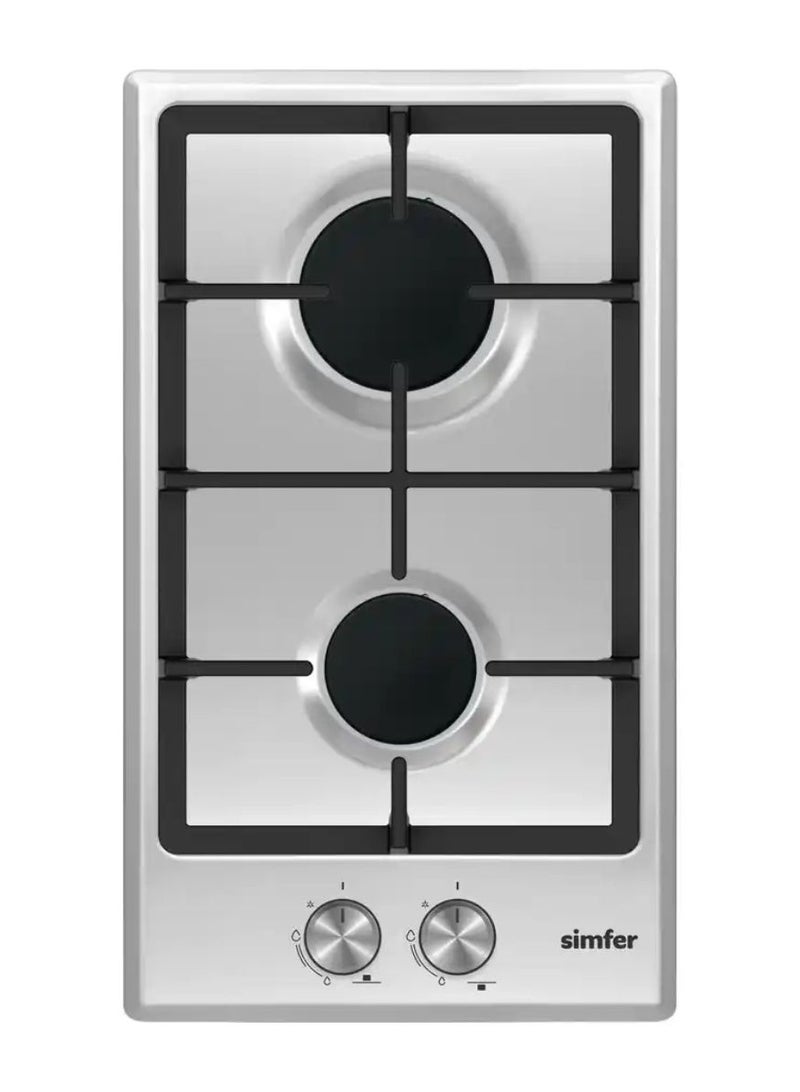 Gas Hob 30 cm | 2 Burner Built In Gas Cooktop | Stainless Steel Surface | 3850W High Power | Auto Ignition Knob Control | Enamel Pan Support | Compact Kitchen Hob | SMF303BHG-SC