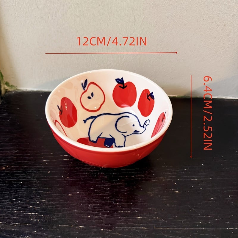 مجموعة من 2 وعاء أرز سيراميك على شكل فيل كرتوني أحمر بتفاحة - Image 3