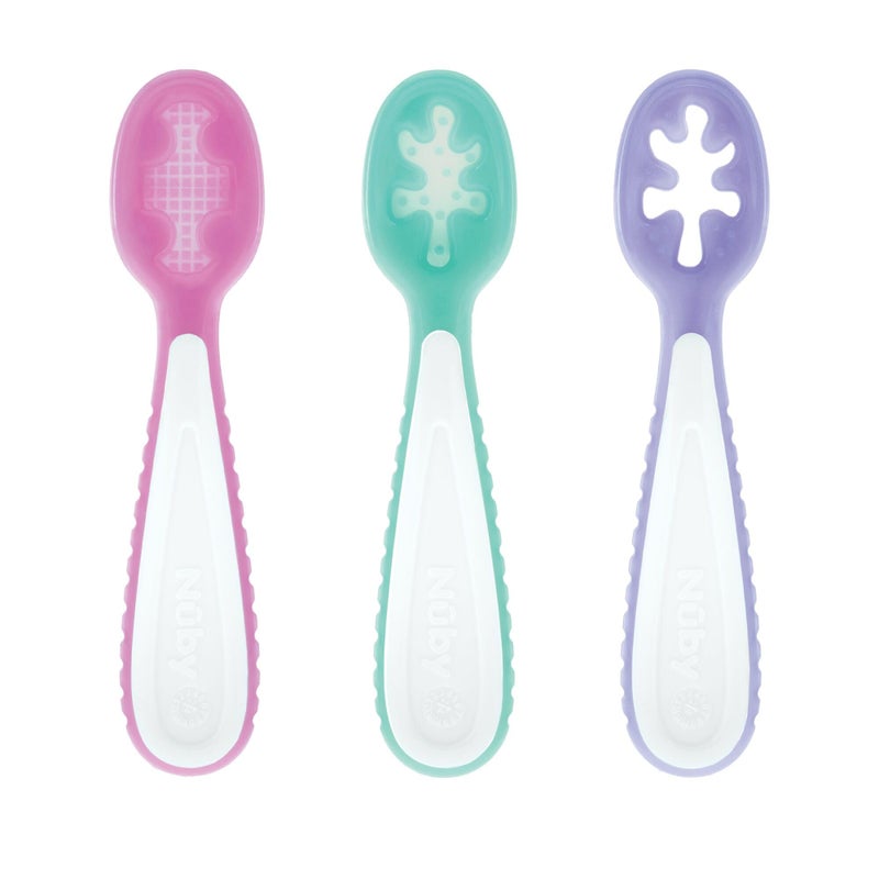 Nuby Baby'S First Spoons Set - (3-Pack) Feeding Utensils For Babies - 6+ Months - Pink/Aqua/Purple - Image 1