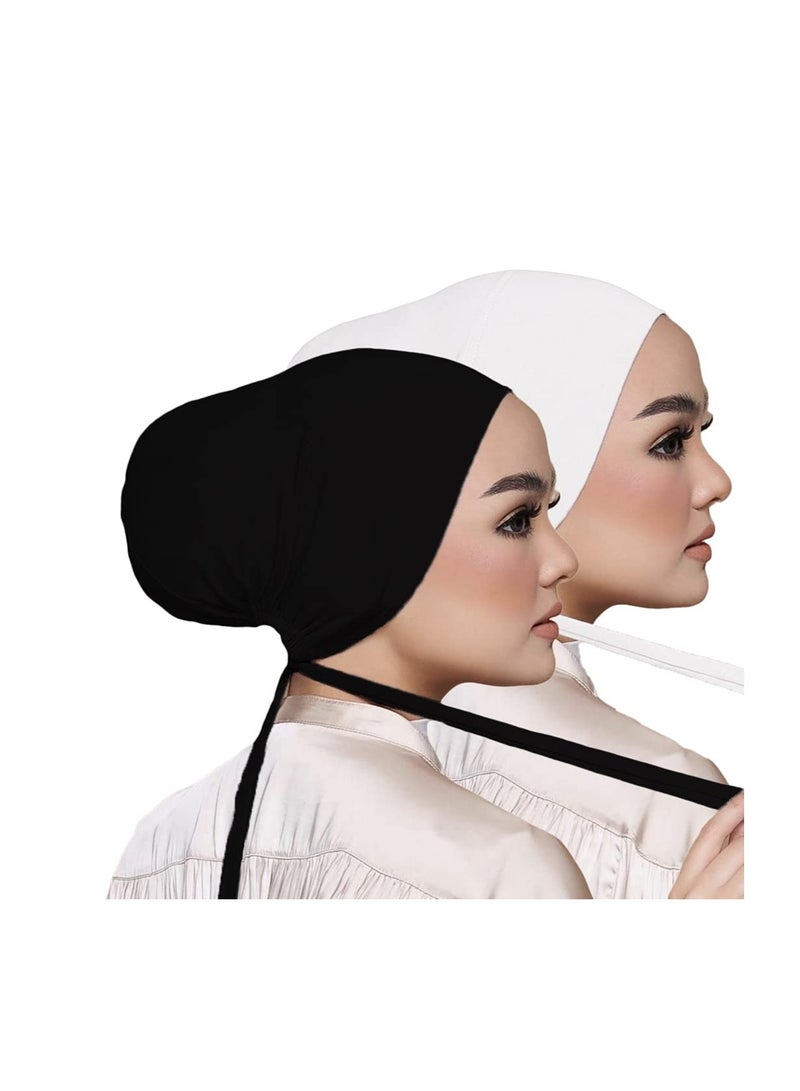 SYOSI 2 Packs Women Under Scarf Hat Hijab Cap Under Scarf Cap with Tie-Back Closure Black and White - Image 1