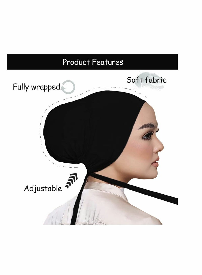 SYOSI 2 Packs Women Under Scarf Hat Hijab Cap Under Scarf Cap with Tie-Back Closure Black and White - Image 2