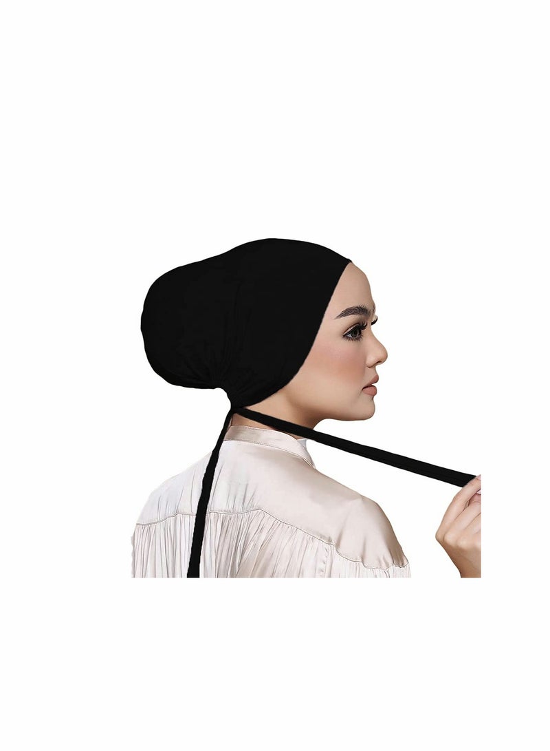 SYOSI 2 Packs Women Under Scarf Hat Hijab Cap Under Scarf Cap with Tie-Back Closure Black and White - Image 4
