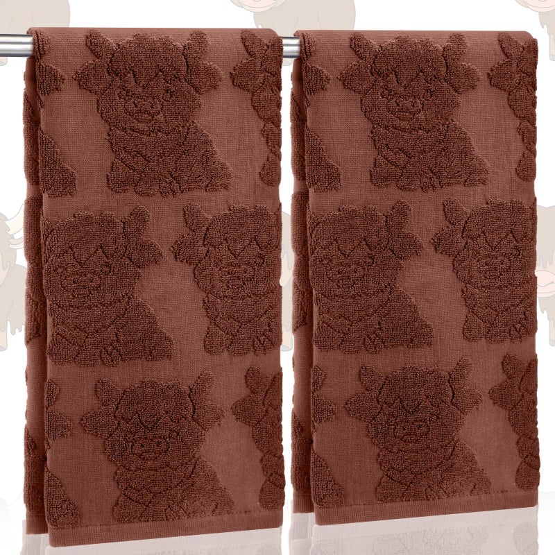 SmoothNovelty 2 Pcs 3D Highland Cow Hand Towels Bathroom Decor Dark Brown 100% Cotton Absorbent Jacquard Weave Decorative Towels for Bathroom Kitchen Highland Cow Gift, 14 x 29 Inches - Image 1