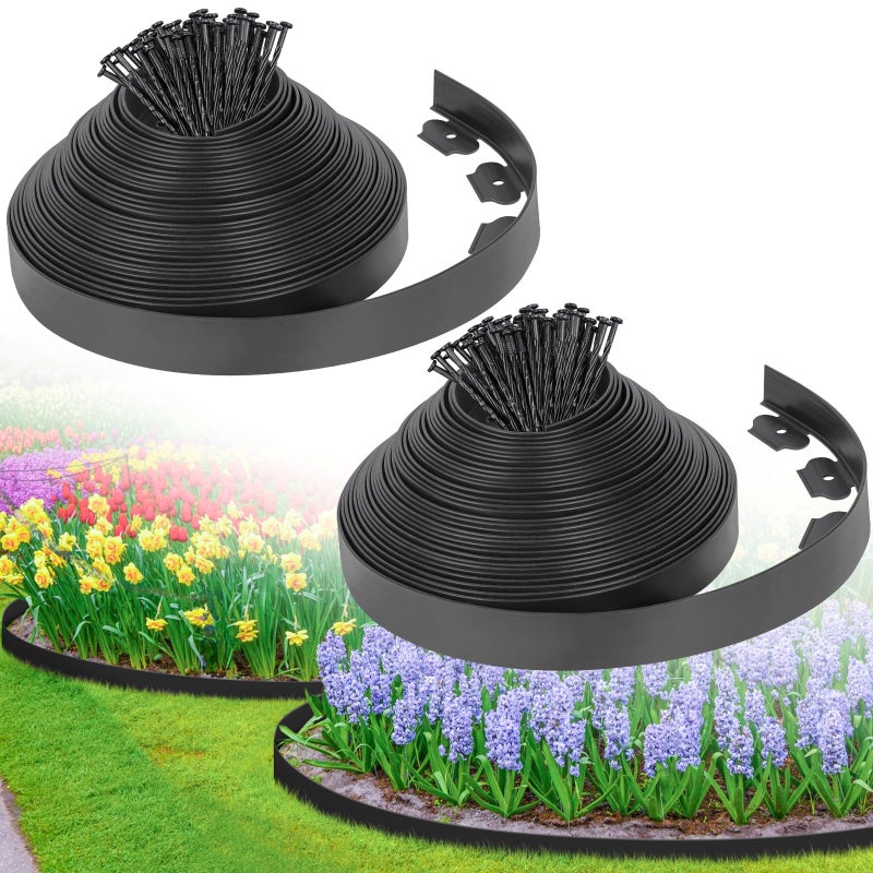 FunFanso 2-Inch x 100 FT Landscape Edging Border with 150 Stakes, Plastic Edging for Landscaping Garden Edging Border, Flexible Landscaping Edging for Garden Flower Beds Yard Lawn Pathway Paver (Black) - Image 1