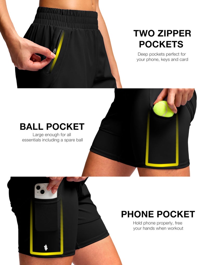 Soothfeel Women's 2 in 1 Athletic Running Shorts with Liner Zipper Pocket 5" High Waisted Gym Workout Tennis Shorts for Women Black L - Image 5