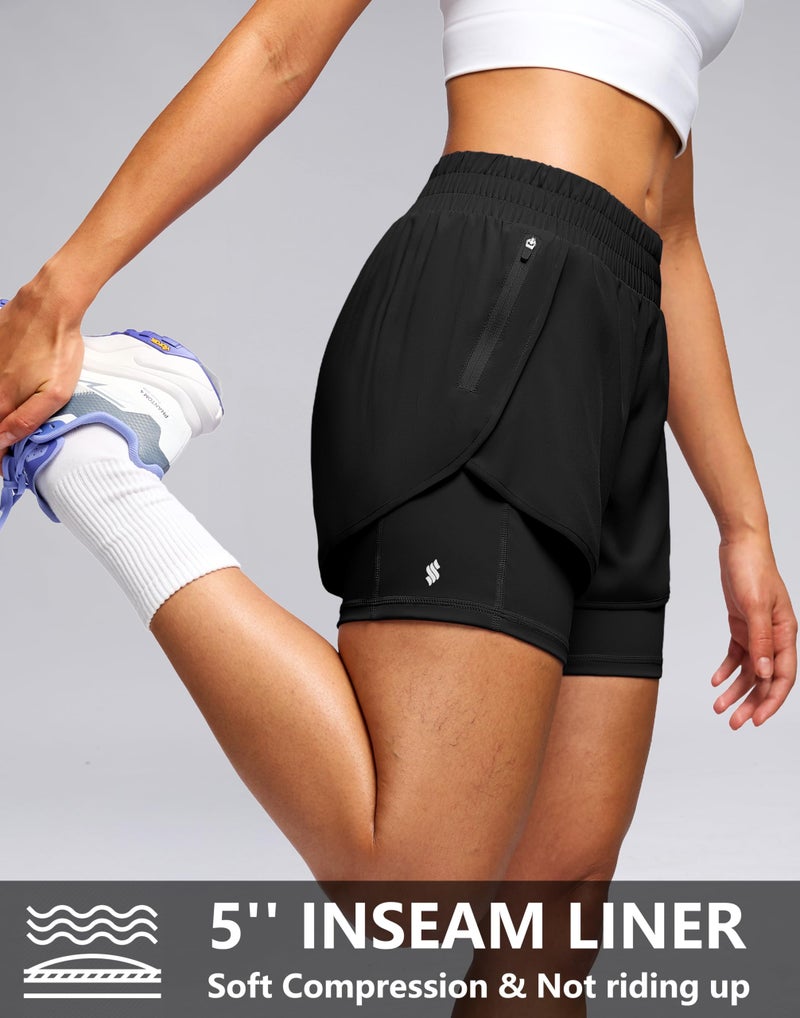 Soothfeel Women's 2 in 1 Athletic Running Shorts with Liner Zipper Pocket 5" High Waisted Gym Workout Tennis Shorts for Women Black L - Image 4