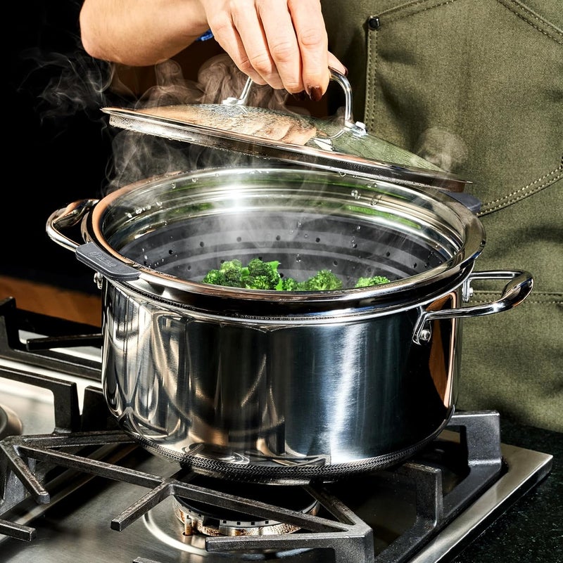 HexClad 2-Piece Steamer Basket Set for Steaming and Draining, Fits 's 3 and 8Qt Pots, Dishwasher-Safe, Space-Saving Design, Heat-Safe to 425ºF, Non-Slip Handles, Silicone and Stainless Steel - Image 3