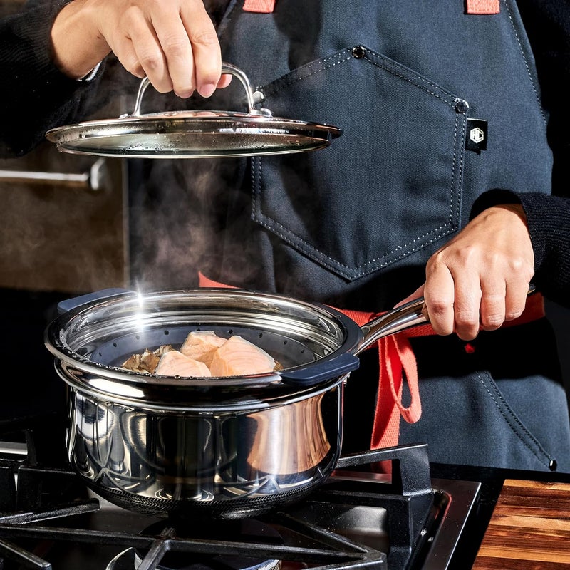 HexClad 2-Piece Steamer Basket Set for Steaming and Draining, Fits 's 3 and 8Qt Pots, Dishwasher-Safe, Space-Saving Design, Heat-Safe to 425ºF, Non-Slip Handles, Silicone and Stainless Steel - Image 5