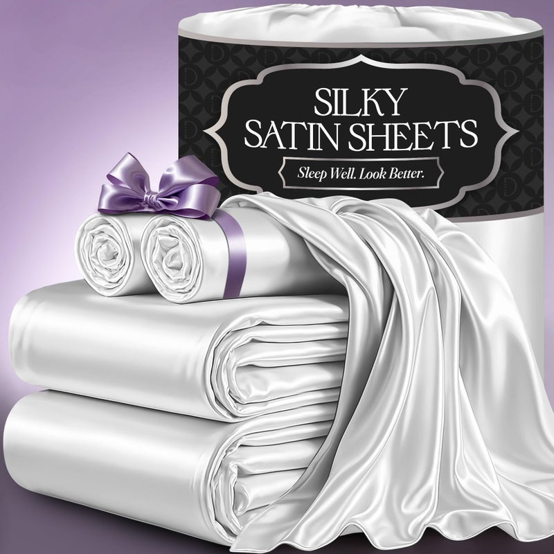 DECOLURE Satin Bed Sheets  4 Piece Luxury Silky Queen Size Bedding Set  Softer Than Silk WrinkleFree with 15 Deep Pocket Fitted Sheet Perfect for Hair  Skin Gifts for Women White