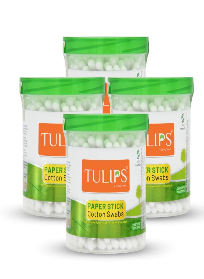 TULIPS Cotton Ear buds/Swabs (pack of 4) With White PAPER Sticks, 100/200 tips in a Jar - Image 1