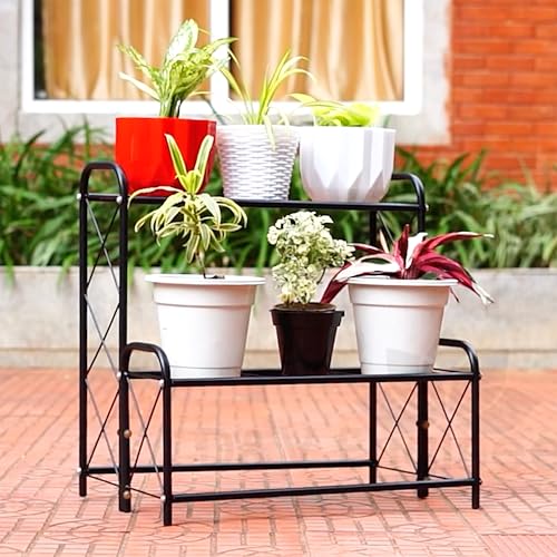D&V ENGINEERING - Creative in innovation D&V Engineering 2-Tier Step Design Metal Plant Stand | Flower Pot Stand for Balcony, Living Room, Outdoor & Indoor | Plant Display Rack, Pot Holder for Plants - Black - Image 1