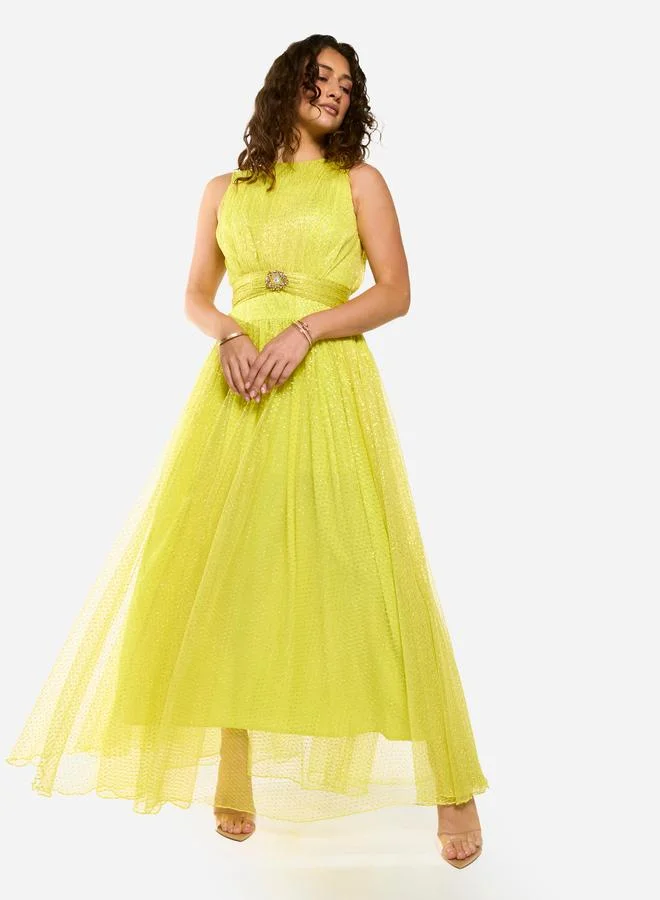House of Moda Textured Mesh Overlay Gown Maxi Dress