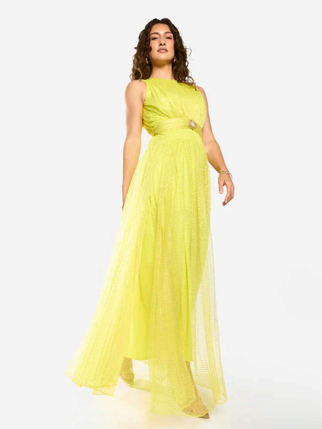 House Of Moda Textured Mesh Overlay Gown Maxi Dress